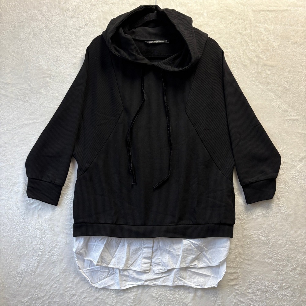 ZARA Trafaluc‎ Collection Black Ribbed Hoodie Shirt Sz Small White Layered Hem